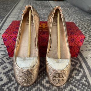Authentic Tory Burch Travel Ballet Flats, Rose Gold, Size 6.5